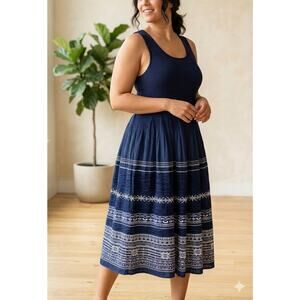 MAX EDITION Mixed Media Ribbed Tank Midi Dress Pleated Embroidered Boho Blue L